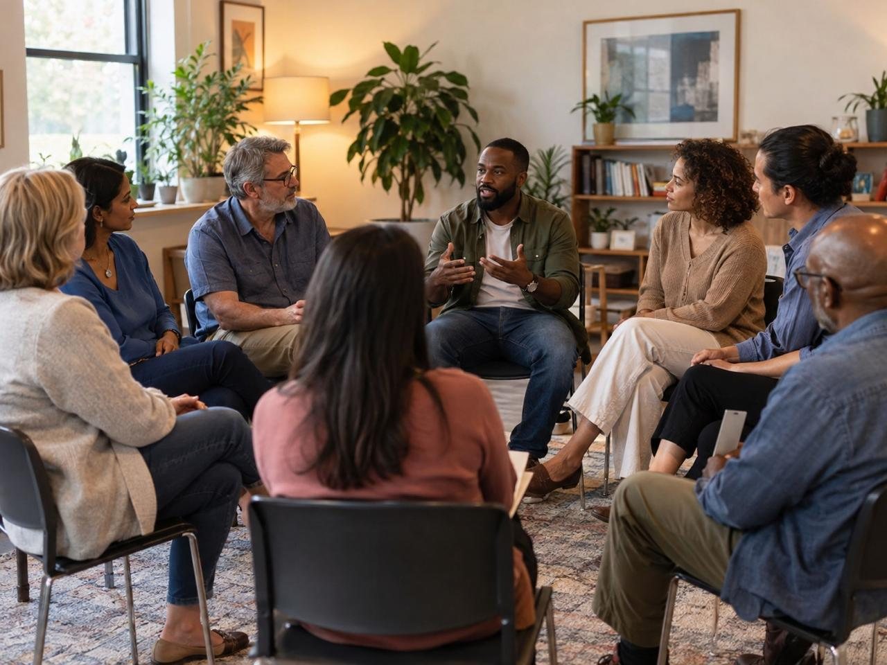 Pessoas reunidas em círculo em um grupo terapêutico